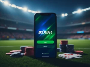 Tela de login do aplicativo B2XBet em um smartphone, com ícones de apostas esportivas e cassino ao fundo, nas cores azul e verde, representando segurança e confiança.